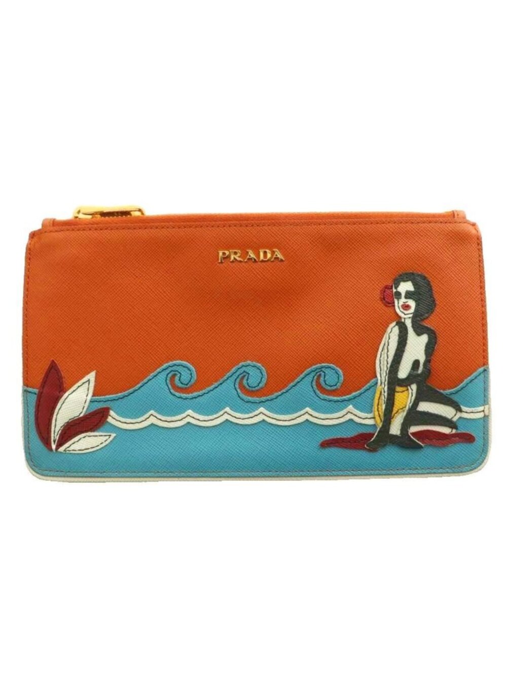 Prada Saffiano Beach Flat Pouch Tropical Multicolor Orange Light Blue SS